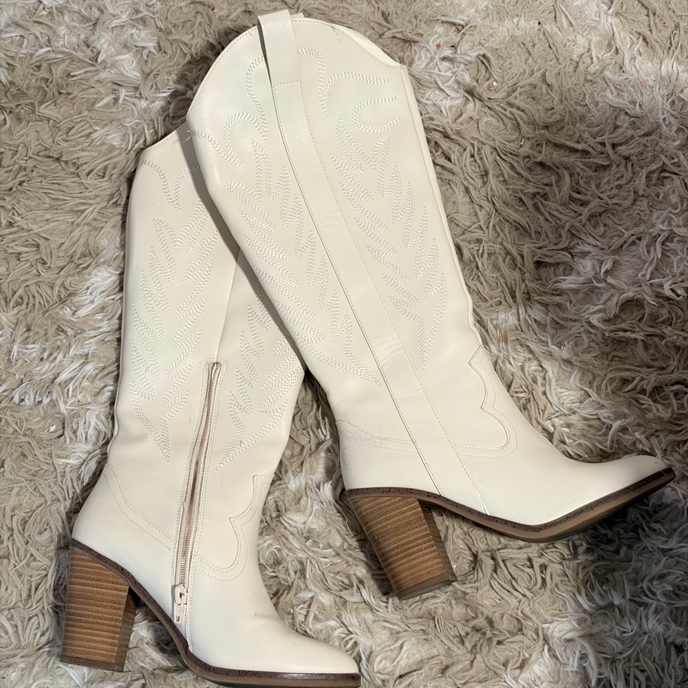 Cream Western Knee-High Boots with Stacked Heel